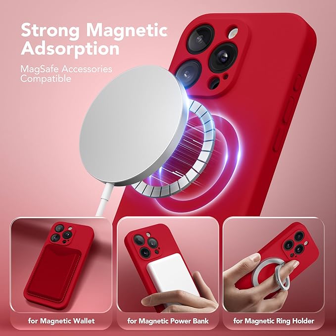 Magnetic for iPhone 14 Pro Case, Compatible with MagSafe, [Full Camera Protection][Screen Protector] Silicone Shockproof Protective Phone Case for iPhone 14 Pro 6.1", Deep Red