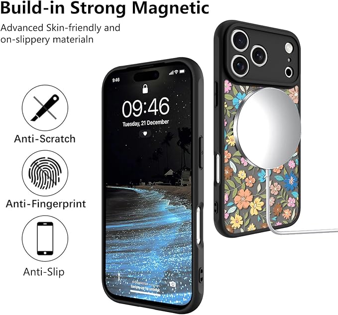KANGHAR Case Compatible with iPhone 17 Pro Flower Pattern [Compatible with Magsafe] Cute Colorful Blooming Florals Protective Magnetic Case for Girls Women 6.3"