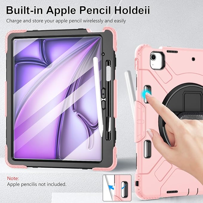 Case for iPad Air 13 Inch M4/M3/M2 (2026/2025/2024): Silicone Shockproof Case with Screen Protector - Stand - Handle - Shoulder Strap - Pen Holder- Pink