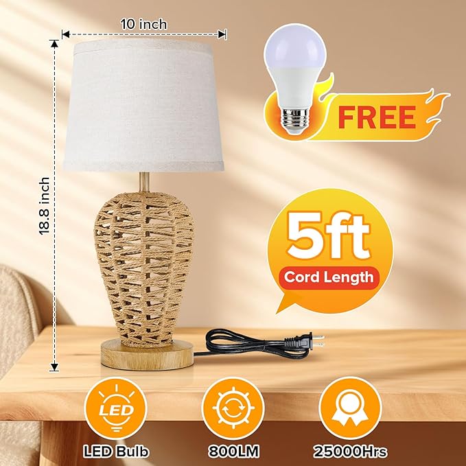 Boho Table Lamp,Touch Control & 3 Way Dimmable,100% Hand Woven Rattan Coastal Farmhouse Bedside Nightstand Lamp for Bedroom, Living Room, Office (2700K Bulb Included)