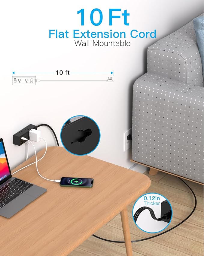 10Ft Extension Cord with Multiple Outlets, Flat Plug Power Strip Surge Protector with 10 Ft Long Cord, 6 Outlet 3 USB Ports (1 USB C), Multi Outlet Wall Plug for Travel, Dorm Room Essentials-Black