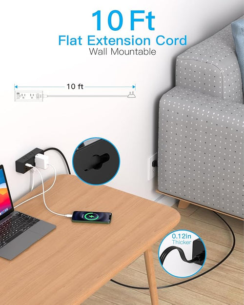 10Ft Extension Cord with Multiple Outlets, Flat Plug Power Strip Surge Protector with 10 Ft Long Cord, 6 Outlet 3 USB Ports (1 USB C), Multi Outlet Wall Plug for Travel, Dorm Room Essentials-Black
