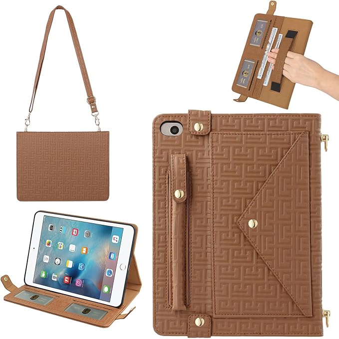 Handbag Case for iPad mini 5th 4th 3rd 2nd 1st Generation (Prior to 2019), Techcircle Elegant Crossbody Folio Stand Wallet Case with Pencil Holder, Card Slots, Hand Strap, Shoulder Strap, Brown