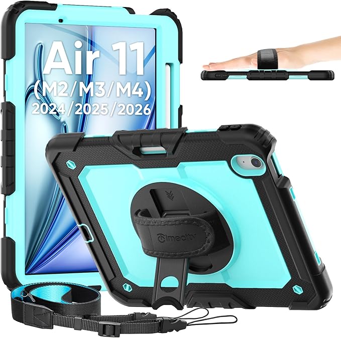 timecity Case for iPad Air 11 Inch M4 / M3 / M2 (2026/2025/ 2024), 360° Rotating Stand, Pencil Holder & Wireless Charging, Shockproof with Screen Protector & Shoulder Strap - for Designers, Blue
