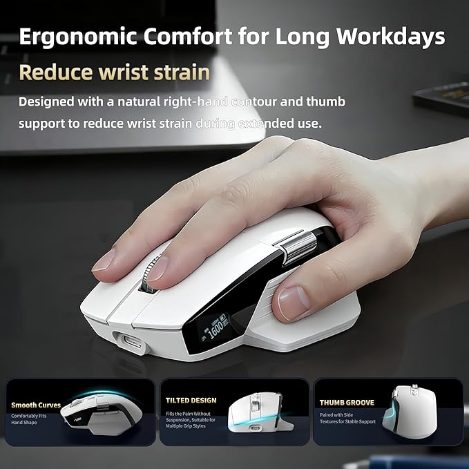 Ergonomic Wireless Mouse with Infinite Scroll & Side Scroll Wheel, Bluetooth & 2.4G Rechargeable Office Mouse, 5-Device Multi-Connection, OLED Display, PixArt 3220 Sensor for Laptop PC Mac(Black)