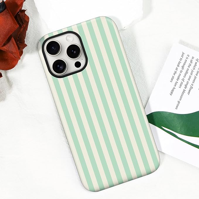 Magnetic for iPhone 15 Pro Case Cute Stripes Phone Case, Shockproof Slim TPU and Hard PC Protective Phone Cover Compatible with MagSafe Designed for Women Girls, Light Green