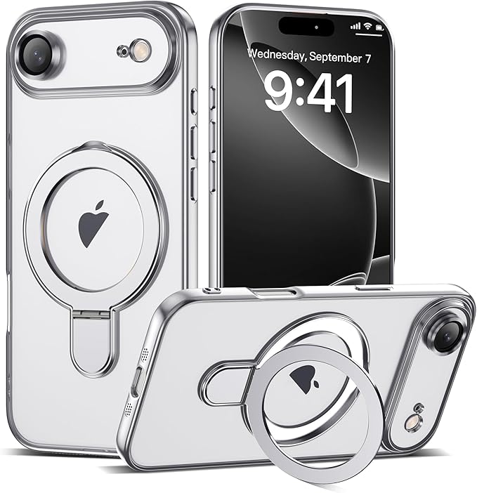Compatible with iPhone 17 Air Case with Invisible Magnetic Ring Stand [Compatible with Mag-Safe] [Full Camera Lens Protector] Plating Clear Phone Case for iPhone 17 Air 6.5", Silver