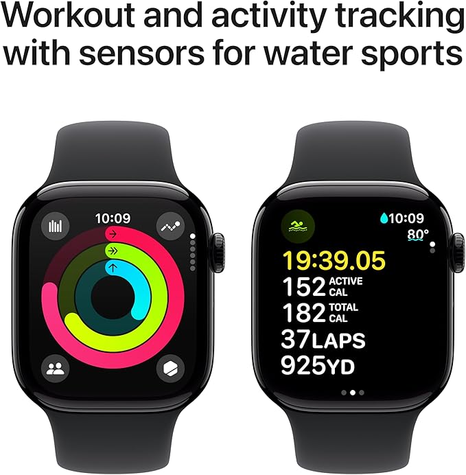 Apple Watch Series 10 [GPS 42mm case] Smartwatch with Jet Black Aluminum Case with Black Sport Band - S/M. Fitness Tracker, ECG App, Always-On Retina Display, Water Resistant