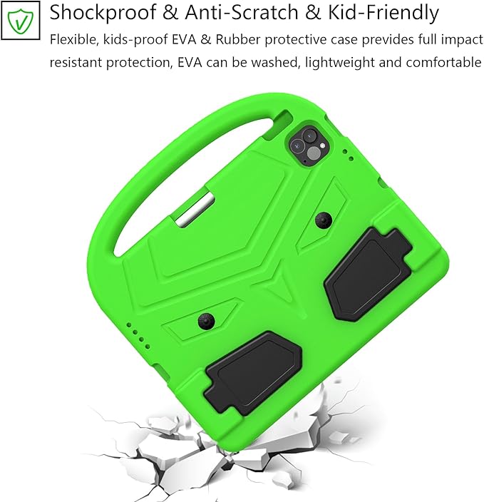 Kids Case for Apple iPad Air 11 inch M3/M2 & iPad Pro 11 inch M5/M4 (2025/2024) with Pencil Holder/Handle/Kickstand Lightweight Soft EVA Foam Shockproof Stand Girls Boys Cover, Green Bird