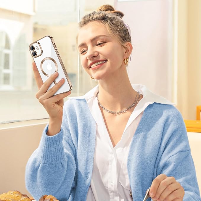 Hython Magnetic Clear for iPhone 12 Case with Camera Lens Protector [Compatible with MagSafe] Luxury Plating Edge Slim Soft TPU Cover Protective Phone Case for iPhone 12 6.1", Desert Brown