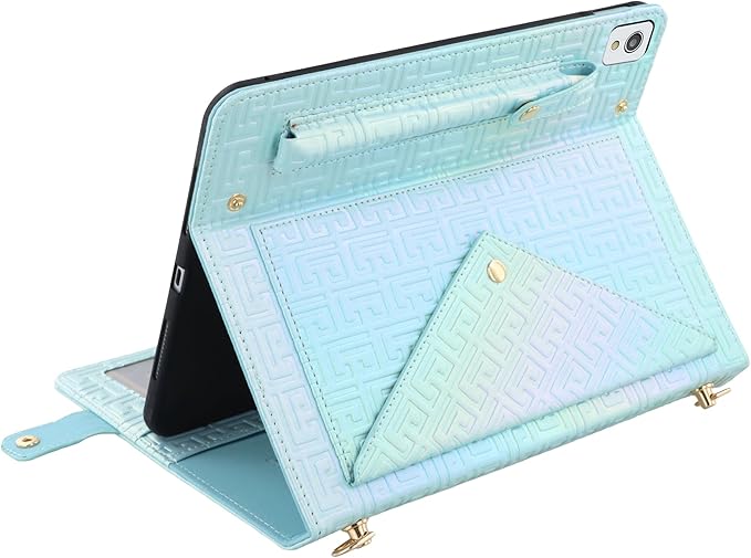 Shiny Case for iPad 6th/5th Gen 9.7 Inch (2018/2017), iPad Pro 9.7"/Air 2, Techcircle Crossbody Iridescent Folio Stand Multi-Pocket Wallet Case with Pencil Holder+Hand/Shoulder Strap, Shiny Blue