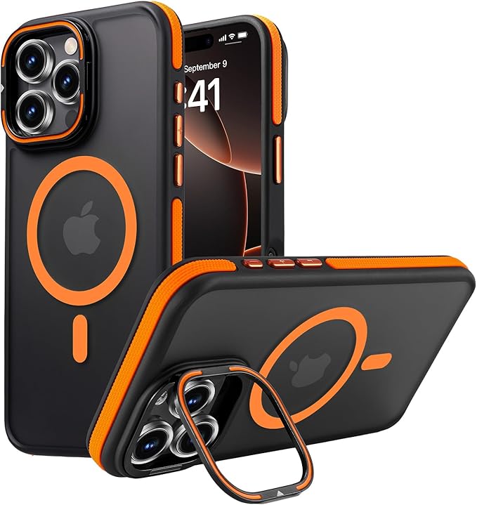 Magnetic case for iPhone 16 Pro [10Ft Military-Grade Protection] Built-in Camera Stand Phone case, Compatible with fit MagSafe Shockproof Slim Thin Cover 6.3 inch,Orange Bumper Stand