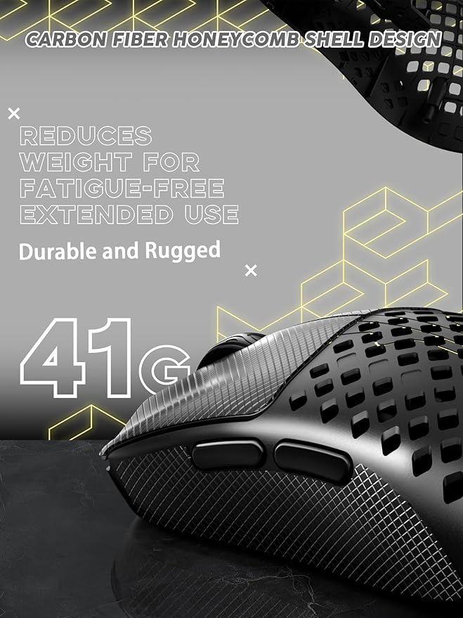 MAMBASNAKE M2 Carbon Fiber Wireless Gaming Mouse, PAW3395PRO 40K DPI, 1K Polling Rate 41g Ultralight Tri-Mode Ergonomic PC Mice, Cloud Driver AI Driver for PC/Mac/Win,Black&Tape