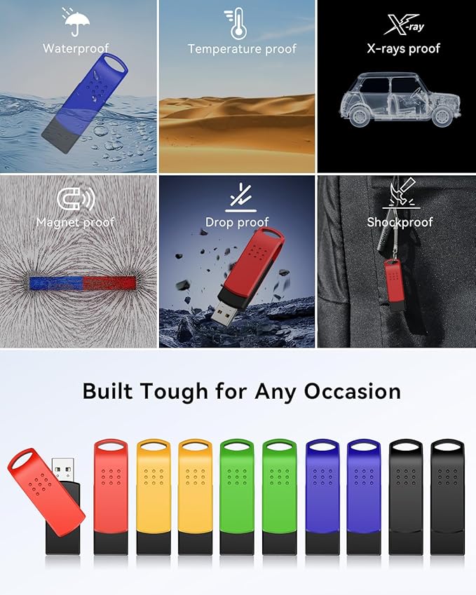 KEXIN 16GB Flash Drive 10 Pack USB 2.0 Thumb Drives Swivel Memory Stick Bulk USB Drive with LED Light - Green, Red, Black, Blue, Yellow