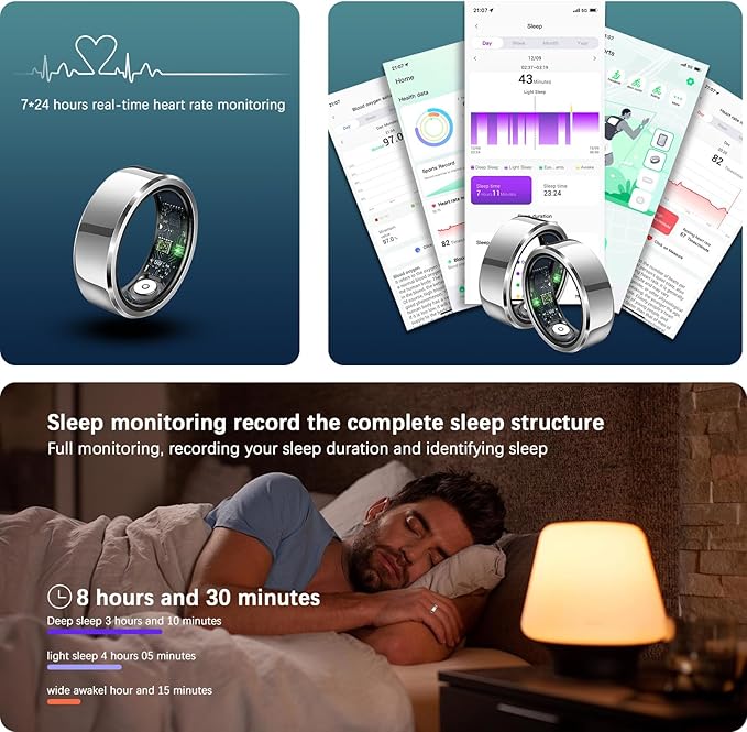 Ultra-Thin Smart Health Tracker Ring with Heart Rate & Sleep Monitoring | Fitness Activity Tracker for Steps/Calories | 7-Day Battery Life | Compatible with iOS/Android (Unisex Design) (9)