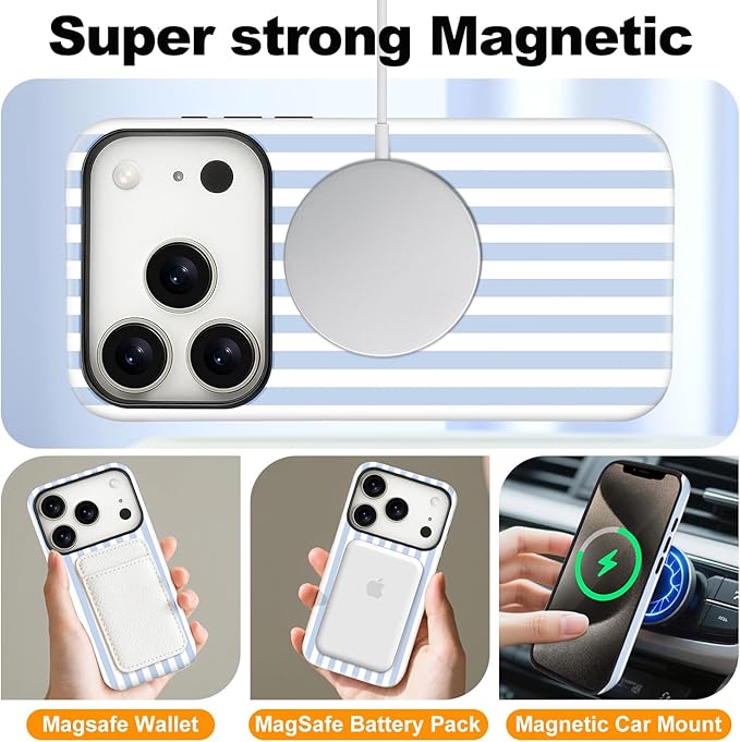 Magnetic for iPhone 17 Pro Max Case Cute Stripes Phone Case, Shockproof Slim TPU and Hard PC Protective Phone Cover Compatible with MagSafe Designed for Women Girls, Blue and White