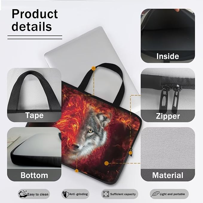 Flaming Wolf Laptop Case 15 Inch Sleeve, Protective Computer Covers with Accessory Pocket, Wildlife Animal Compatible Sleeve Bag for Most 10-17 Inch Notebooks, Black & Red