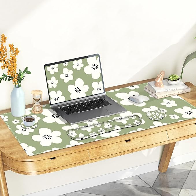 Large Gaming Mouse Pad Set, 4 in1 Ergonomics Keyboard Desk Mat w/Memory Foam Wrist Rest, Computer Extended Game Mousepad, Non-Slip Desk Matt Pad Easy Typing Pain Relief I Green Lucky Florals