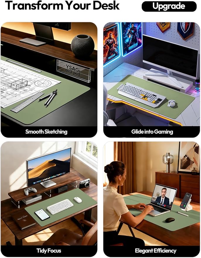 YSAGi Leather Desk Protector, Office Mat, Large Mouse Mat, Non-Slip PU Leather Blotter, Laptop Desk Mat, Waterproof Writing Pad for Office and Home (Bamboo Green, 31.5" x 15.8")