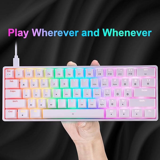 CHONCHOW 60% Mechanical Keyboard Gaming RGB Backlit with app Compact 61 Key Portable Mini Keyboard Blue MX Switch Compatible with Windows iMac Laptop PC Computer Office Gamer (White, red Switch)