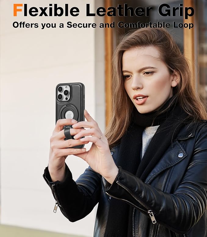 Butaiga for iPhone 15 Leather Case with Stand, Anti-Slip Grip Ring, Fits for MagSafe (Black, iPhone 15)