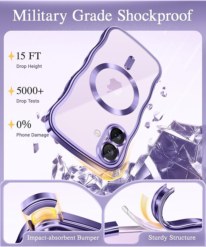 GVIEWIN for iPhone 17 Case Compatible with MagSafe, Upgraded [Full Camera Protection][Cute Wave Frame][Military Grade Protection] Electroplated Hard Phone Cover for Women Girl, Clear Purple