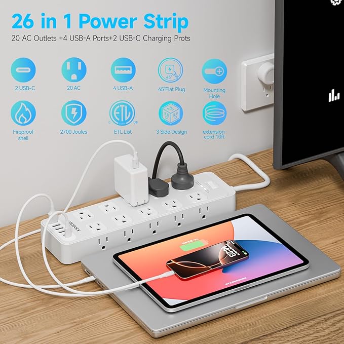 20 Outlet Power Strip with USB C,6Ft Extension Cord with Multiple Outlets, 2700 Joules Surge Protector,1875W/15A, ETL Listed for Home Office Dorm Gaming (White, 6FT)