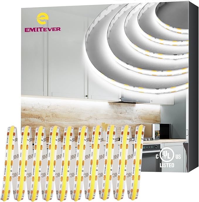 EMITEVER COB LED Strip Lights Cool White 25ft, 5000K Ra 90+ Tape Light Premium High Density, 24V, 300+Lumens/ft, 3600LEDs/Spool, 3W/ft, UL Listed 5 Year Warranty (Power Supply Sold Separately)