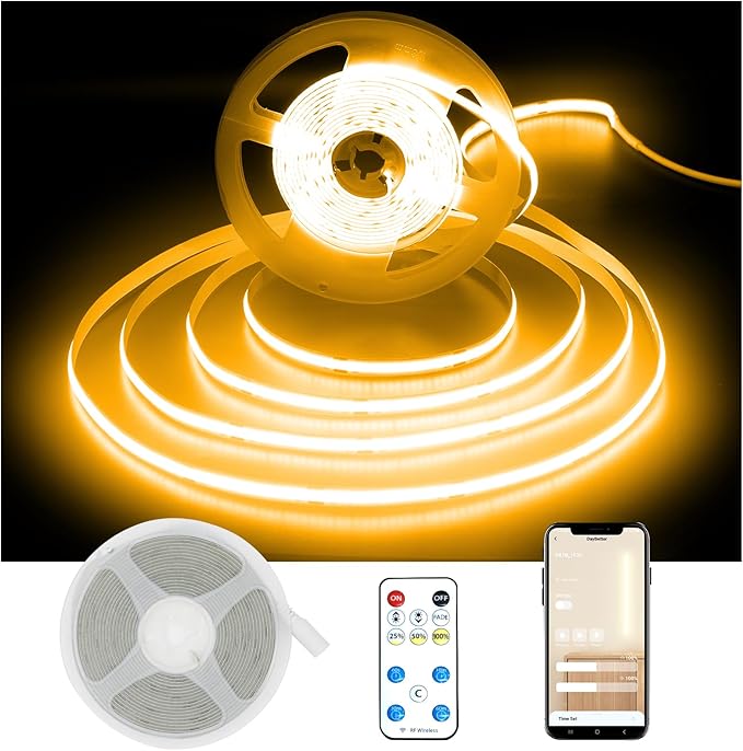 DAYBETTER COB LED Strip Light,LED Lights 32.8ft,Warm White 3000K Dotless Strip Lights,3200 LEDs Super Bright Dimmable 24V Flexible Tape Lights with Remote and App,for Bedroom,Kitchen,Cabinets Lighting