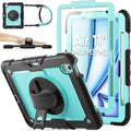 SEYMAC stock Case for iPad Air 11-inch M4-M2 2026-2024 (Gen 8-6), Shockproof Heavy Duty Case with Screen Protector, Pencil Holder, Rotating Stand, Hand Strap, Shoulder Strap, SkyBlue