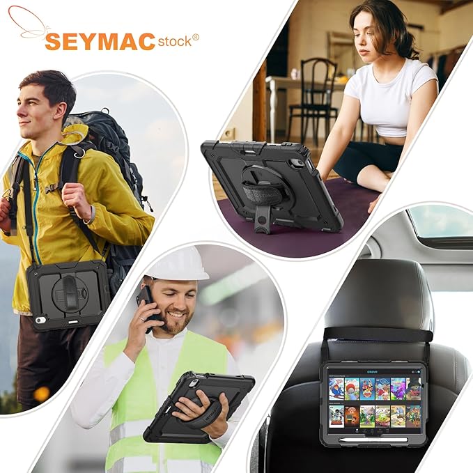 SEYMAC stock Case for iPad Air 11-inch M4-M2 2026-2024 (Gen 8-6), Shockproof Heavy Duty Case with Screen Protector, Pencil Holder, Rotating Stand, Hand Strap, Shoulder Strap, Black