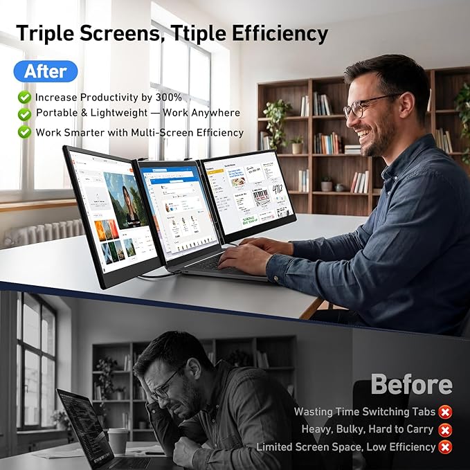 Vixtan 14" Triple Laptop Screen Extender, 3.0 lbs Lightweight FHD IPS Portable Monitor for Laptop, USB-C Plug & Play Multi Screen Attachment for 13-17.3" laptops with Windows/Mac/Chrome