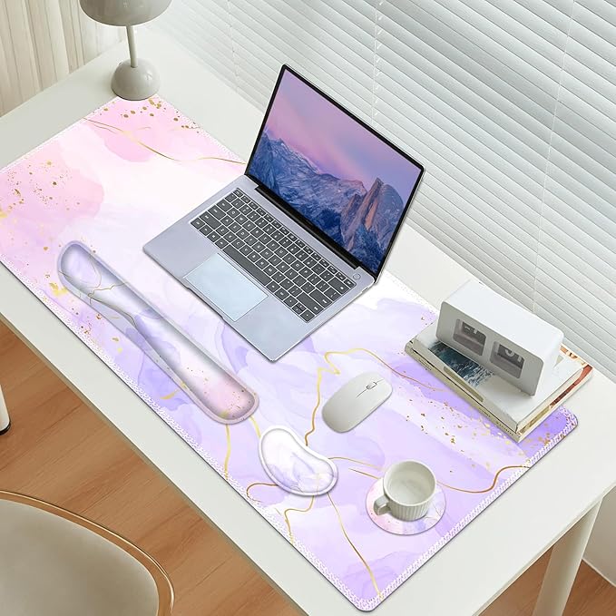 Large Gaming Mouse Pad Set, 4 in 1 Extended Keyboard Desk Mat with Wrist Rest, PC Computer Game Mousepad Set, Non-Slip Desk Pad Easy Typing Pain Relief for Home Office I Pink Purple Marble