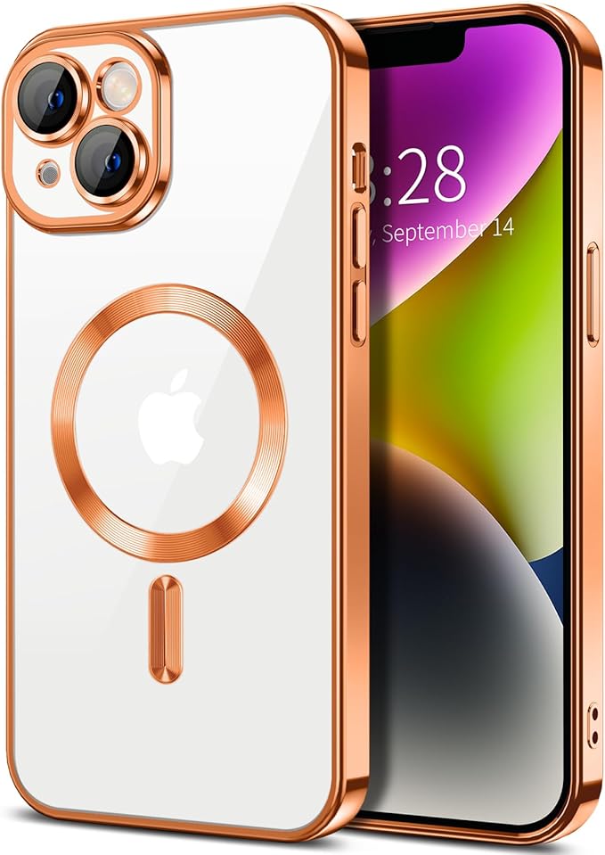 Hython Magnetic Clear for iPhone 14 Plus Case with Camera Lens Protector [Compatible with MagSafe] Luxury Plating Edge Slim Soft TPU Cover Protective Phone Case for iPhone 14 Plus 6.7", Orange