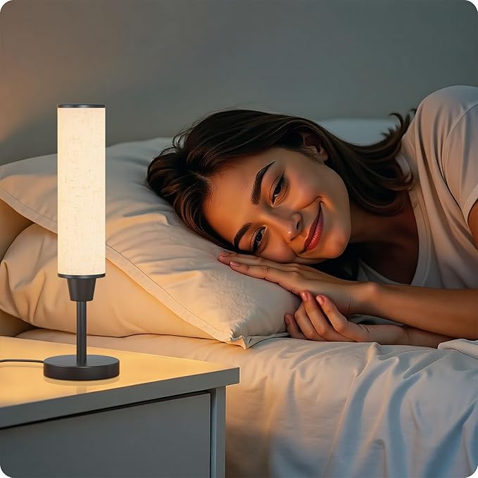 Nukanu Table Lamp with Remote，Bedside Lamps for Night Stands, Nightstand Lamp with Adjustable Brightness (10%-100%) and Color Temperature (3000k-6000k),Small Lamp for Bedroom (Black - Beige Linen)