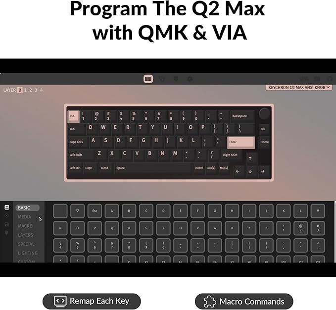 Keychron Q2 Max Wireless Custom Mechanical Gaming Keyboard, QMK/VIA Programmable Knob 2.4 GHz/Bluetooth 5.1/Wired, 65% Compact RGB Hot-Swap with Gateron Brown Switch for Mac Windows Linux - Black