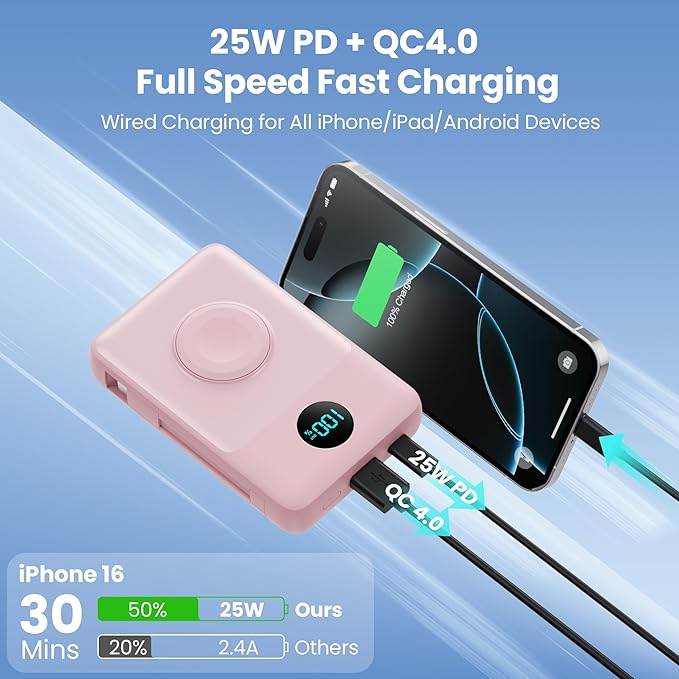 Magnetic Portable Charger for MagSafe with Built-in Cable,iWatch Charger,10800mAh Wireless Power Bank Travel Essentials,25W PD Fast Charging Battery Pack for iPhone 17/16/15/14/13/12,Apple Watch-Pink