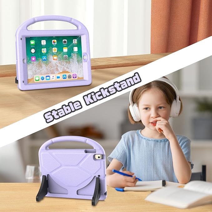 YIHE Shockproof Kids Case for iPad 6th/5th Generation (9.7 inch, 2018/2017), iPad Air 2/1 & Pro 9.7 | Durable Protective Cover with Built-in Screen Protector & Stable Stand, Light Purple