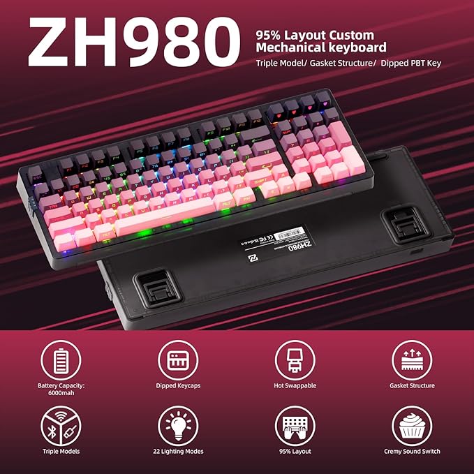ZORNHER ZH980 Mechanical Keyboard Wireless,95% Pink Creamy Keyboard with Number Pad,Gaming Keyboard with Number Pad,Lighted Up PBT Keycaps,Loud Keyboard Clicky Blue Switches,Full Size