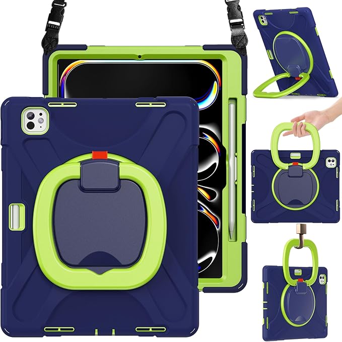 BRAECN for iPad Pro 13 Inch Case (M5/M4) 2025/2024, Shockproof Rugged Silicone Cover with 360°Rotating Handle Grip, Shoulder Strap, Pencil Holder & Ultra Stable Kickstand for Pro 13 Inch, Navy Green