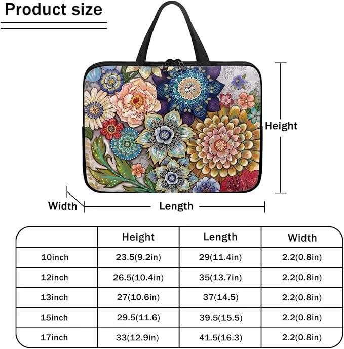 10 Inch Boho Flowers Laptop Sleeve for Women Girl, Slim Water Resistant Computer Carrying Case with Handle, Durable Protective Laptop Tote Bag Cover Compatible with Tablet/Notebook/Reader