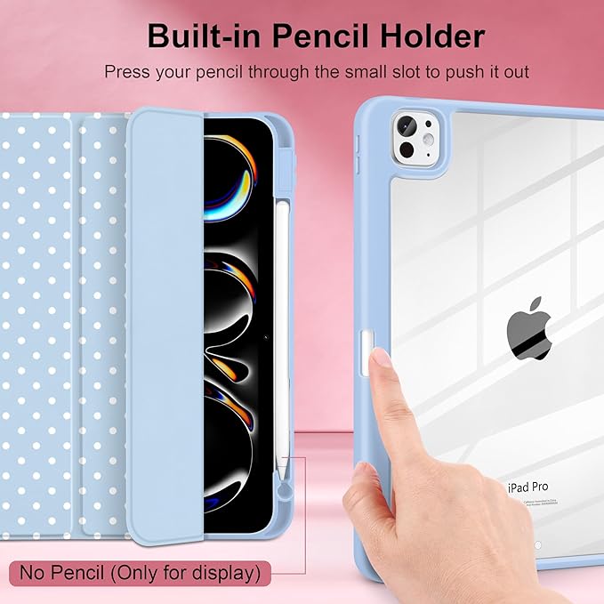 Case for iPad Pro 11 Inch (M5 2025 M4 2024) – [Built-in Pencil Holder], Shockproof & Stylish, Clear Hard Back + Soft TPU Edge, Magnetic Trifold Stand, Auto Wake/Sleep, Blue White dot