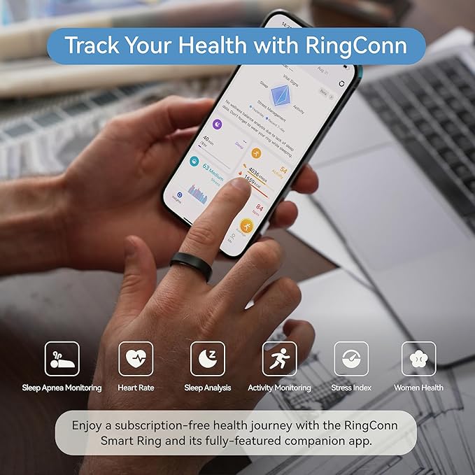 RingConn Gen 2, World’s First Smart Ring with Sleep Apnea Monitoring, No APP Subscription, 12-Day Battery Life, Stress/Heart Rate/Women's Health Tracker, Android & iOS Compatible (Black, Size 11)