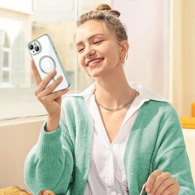 Hython Magnetic Clear for iPhone 14 Plus Case with Camera Lens Protector [Compatible with MagSafe] Luxury Plating Edge Slim Soft TPU Cover Protective Phone Case for iPhone 14 Plus 6.7", Matte Mint