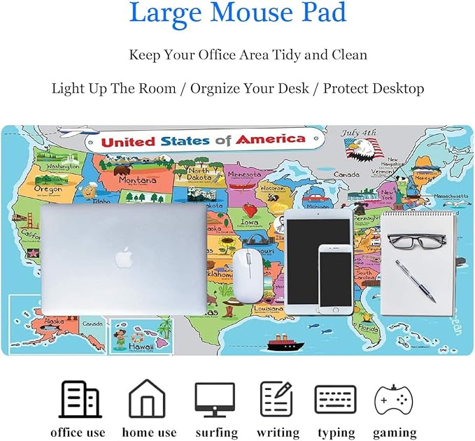 31.5x11.8 Inch Non-Slip Long Extended Large Gaming Mouse Pad with Stitched Edges XL Laptops Keyboard Mouse Mat(American Map)