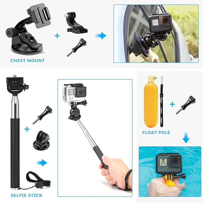Luxebell Action Camera Accessory Kit for GoPro Hero Black Silver 13 12 11 10 9 8 7 6 5 4 Session Max Akaso Xiaomi Accessories Tripod Head Chest Bike Mount Carrying Case