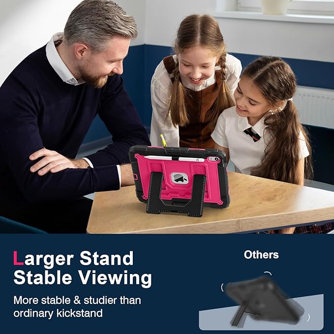 Kids Friendly Case for iPad A16 11th Generation 11 Inch 2025 / iPad 10th Generation 10.9" 2022 Case with Pencil Holder & Shoulder Strap, Hybrid iPad 11 10 Cover Rugged Shockproof Kickstand,Black+Rose