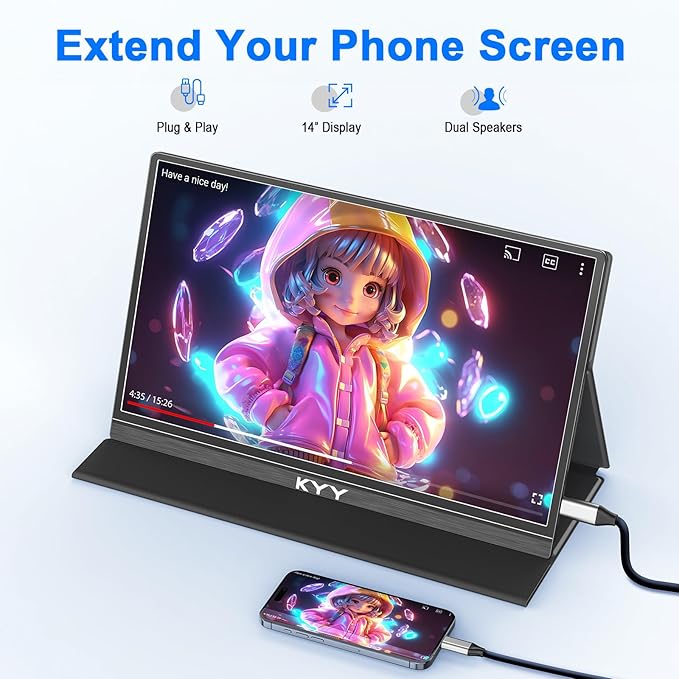 KYY Portable Monitor 14' FHD 1080P - Ultra-Slim Portable Laptop Monitor Computer Display with Type-C HDMI Speakers for Laptop PC Phone Mac PS4 PS5 Xbox Switch