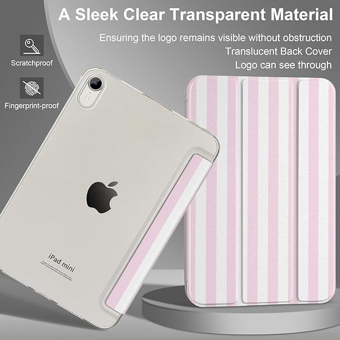 DONGKE for iPad mini 7 (A17 Pro) 2024 & iPad mini 6 2021 8.3 Inch, Slim Foldable Stand Hard PC Translucent Back Shell Smart Cover for iPad mini 7th/6th Generation [Auto Wake/Sleep] - Pink Stripes