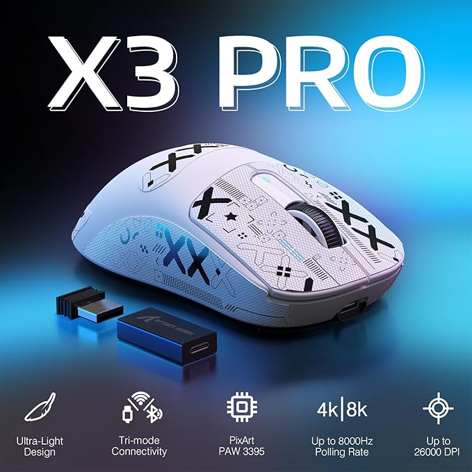 ATTACK SHARK X3PRO 4K/8K Lightweight Wireless Gaming Mouse with Tri-Mode(Wired/2.4GHz/BT),PAW3395 Optical Sensor,26K DPI,Kailh GM8.0 Switch,Long Battery,7 Buttons for PC/Laptop/Win/Mac(White+Sticker)